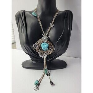 Vintage Boho Mixed Metal Blue Nugget Pendant Necklace Wire Nest Design Charms
